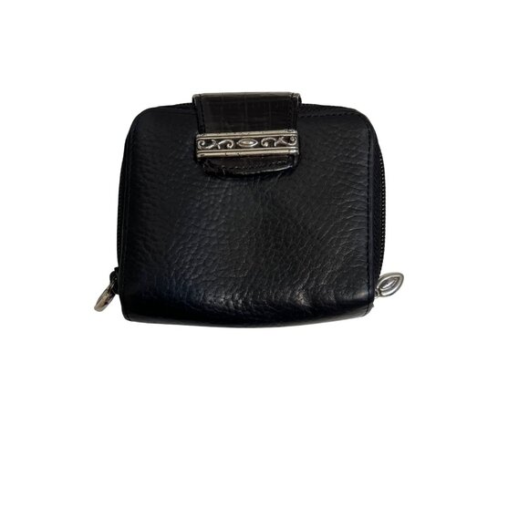 Brighton Black Leather Compact Wallet W/ Croc-Embossed Clasp & Zippered Pockets - Picture 1 of 7
